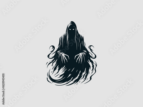 Eerie black silhouette of a spooky ghost with glowing white eyes floating on a solid white background for halloween