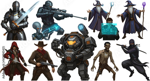 Diverse collection of fantasy and sci fi characters including knight wizard alien and robot suit shown