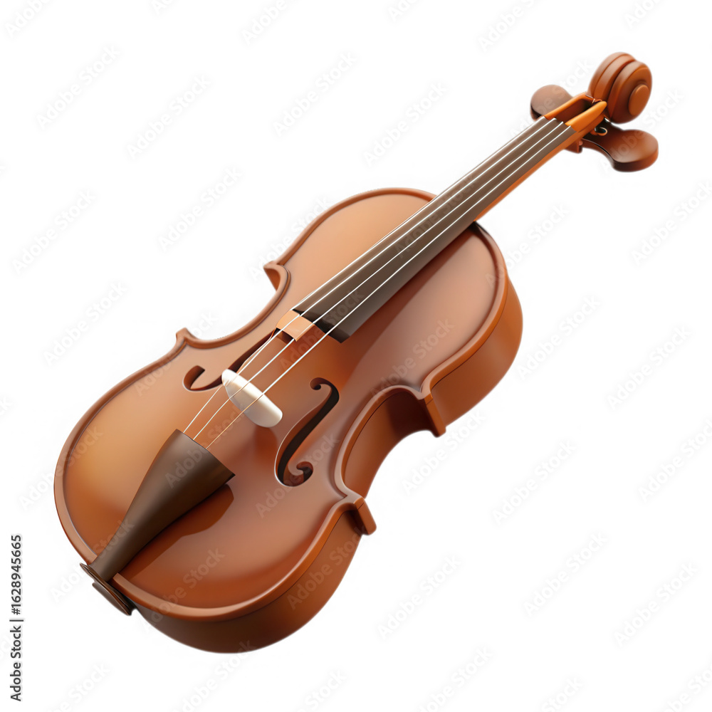 Fototapeta premium Brown wooden violin with strings and bow musical instrument isolated on a transparent background