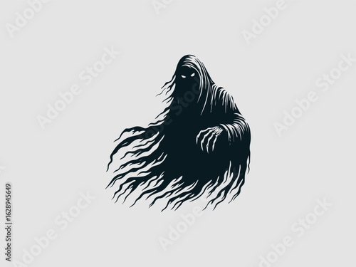 Eerie black silhouette of a spooky ghost with glowing white eyes floating on a solid white background for halloween