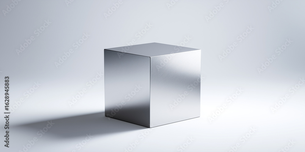 Fototapeta premium Metallic cube with smooth surface is placed on light background, casting soft shadow. minimalist design and reflective texture create modern and sleek appearance
