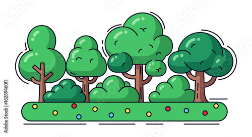 Illustration Vector of Green Trees and Bushes in Cartoon Style with Colorful Dots Landscape