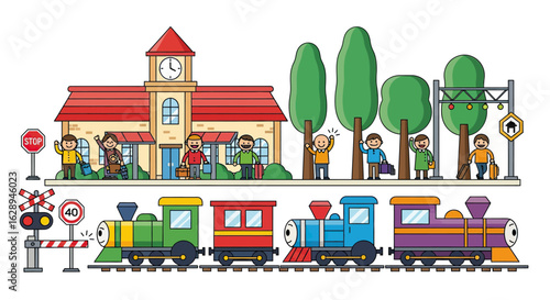 Illustration Vector of Colorful Train Station with People Trees and Traffic Signs in Flat Style