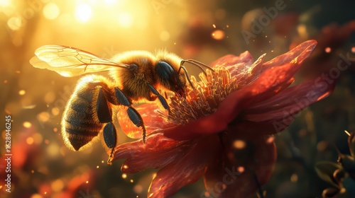 Golden-hour bee pollinating red flower, bokeh background, nature poster
