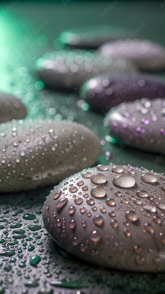Spa Stones with Dew Drops and Green Light Spa Stones with Dew Drops and Green Light