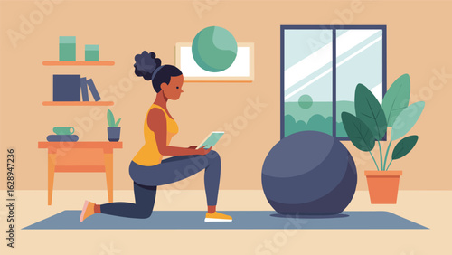 A dedicated workout enthusiast using a stability ball in their quaint corner workout nook overlooked by a houseplant.. Vector illustration