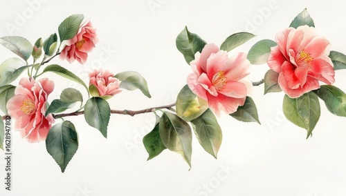 Pink camellia blossoms branch, watercolor, white background, garden, floral design