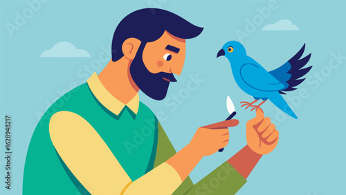 A man carefully clipping his birds nails talking to it in a soothing voice to keep it calm and relaxed during the grooming process..