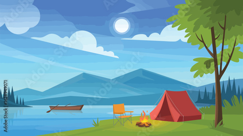 Serene lakeside camping scene with tent campfire boat and mountains vector