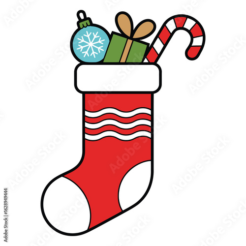 A red Christmas stocking filled with festive gifts and candy cane icon.

