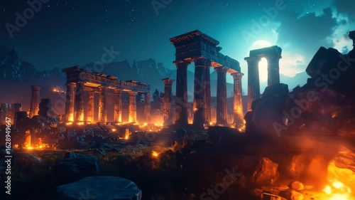 Ruins of a classical temple illuminated by fires and moonlight at night.