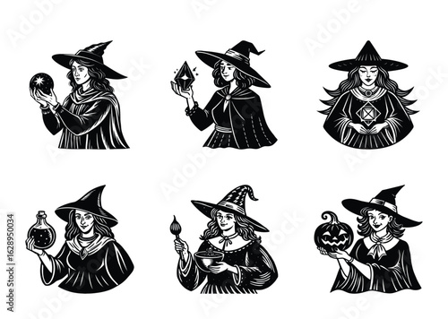 Collection of monochrome illustrations of witches with various magical tools in hand