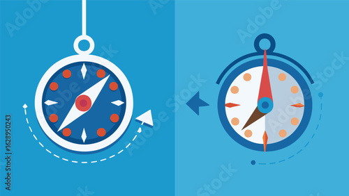 A beforeandafter illustration of a compass with the before version showing a spinning and unreliable needle and the after version showing a steady and.