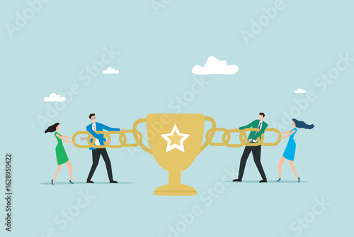 Teamwork vs Competition Two Teams Pulling a Trophy with a Chain illustration
