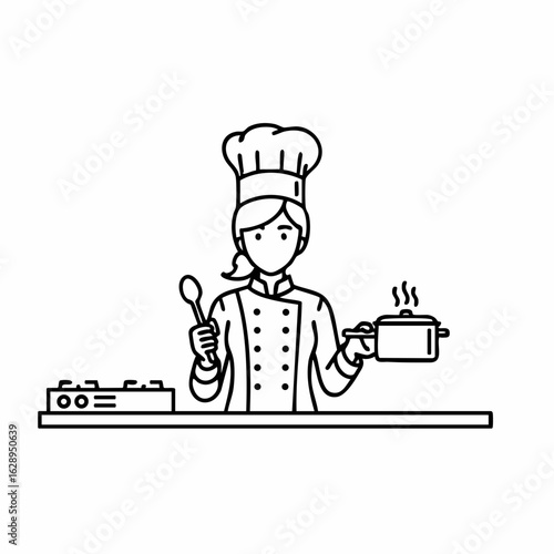 Chef Holding a Pot with Steam and Spoon at Cooking Station for Culinary Blogs, Recipe Websites, Cooking Education, and Kitchen Awareness Content  