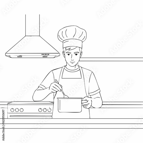 Chef Cooking with Pot in Modern Kitchen Setting for Culinary Blogs, Recipe Platforms, Cooking Classes, and Food Education Resources  