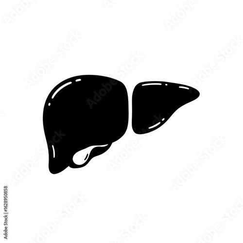 A simple black graphic illustration of the human liver, depicted as a solid silhouette with glossy highlights.