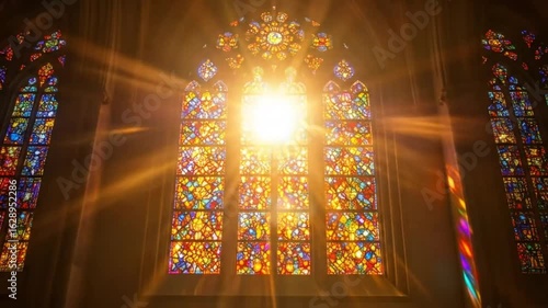 Sunlight streams through vibrant stained-glass windows within a dark church interior.