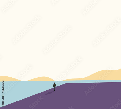 Man in black suit walking on purple sidewalk with nature lake and mountain. Minimal lifestyle. 
