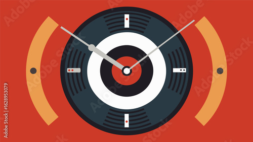 A clock with a vinyl record face each hour marker marked by a different record label. Vector illustration
