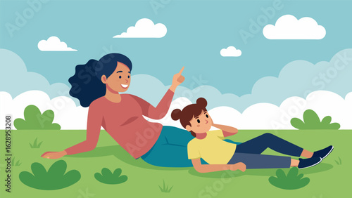 A parent and child lying on the grass identifying shapes in the clouds and discussing the importance of taking time to relax and be present..