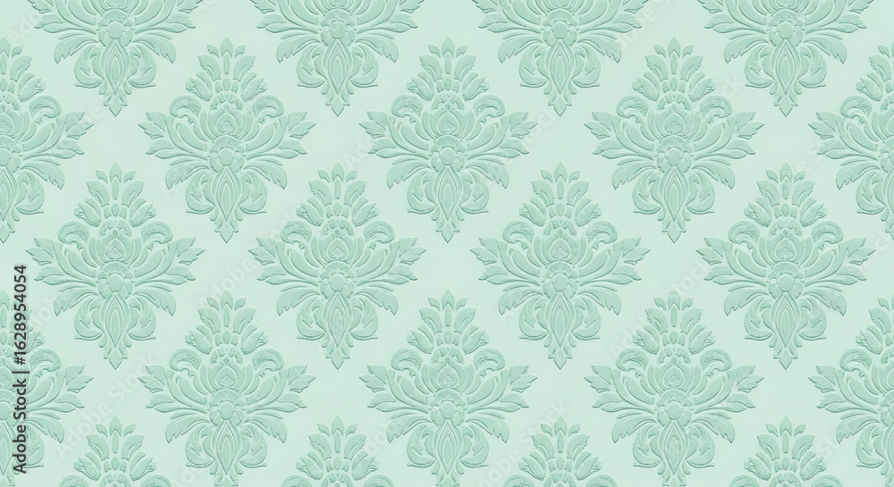 Elegant mint green damask pattern with embossed symmetrical floral motifs and a basrelief texture. Elegant mint green damask pattern with embossed symmetrical floral motifs and a basrelief texture.