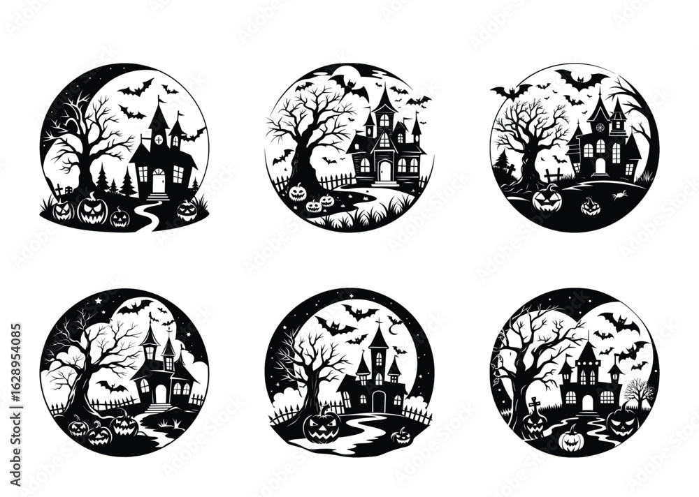 Obraz premium Silhouette Halloween scenes featuring spooky houses trees bats pumpkins full moon vector designs