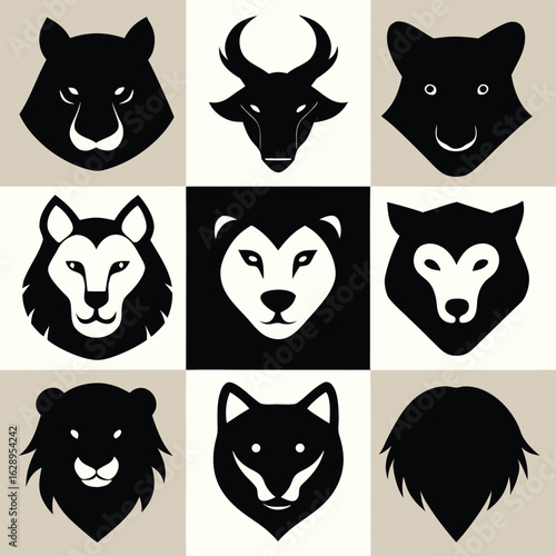Animal head silhouettes bold black and white animal heads