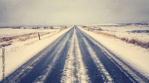 Icy winter road disappearing into snowy landscape