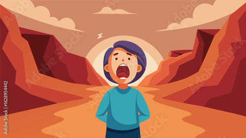 A claymation video of a person shouting into a canyon watching as their own voice echoes back to them representing the cyclical nature of ideas within.