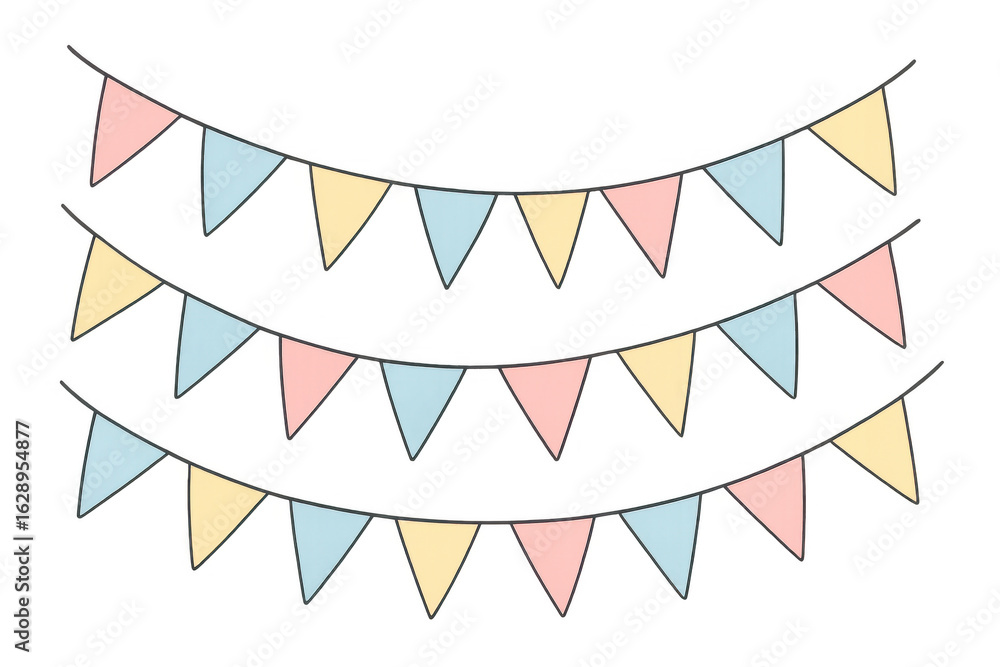 Fototapeta premium Pastel bunting flags draping softly, generating cheerful mood for party decor against transparent background