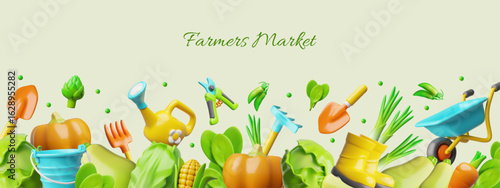 3D banner with bottom border of fresh vegetables and garden tools, farmer's market.