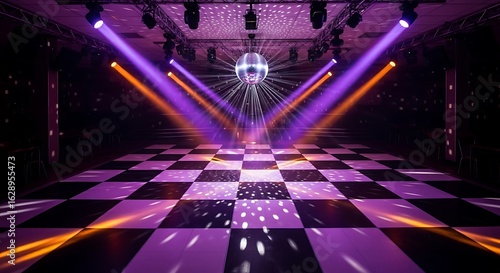 Vibrant nightclub interior with disco ball, checkered dance floor and colorful lighting setup