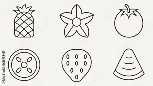 Simple Line Art Icons: Pineapple, Starfruit, Tomato, Watermelon, Strawberry, and Citrus Fruit Slices.