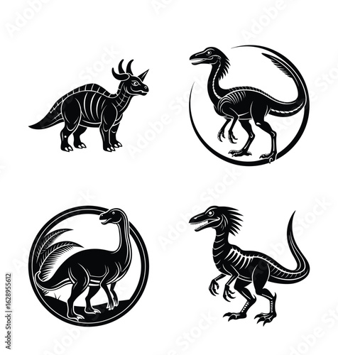 Silhouette depiction of four different dinosaurs with skeletal rib cage detailing