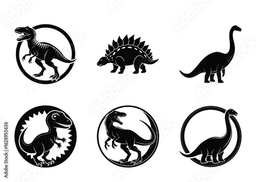 Black and White Dinosaur Set with Circle Graphic Elements on White Background
