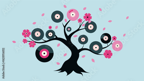 A lush cherry blossom tree with delicate branches displaying vinyl records of contemporary RB soul and funk music. Vector illustration
