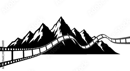 Filmstrip Mountains Black and White Vector Illustration.