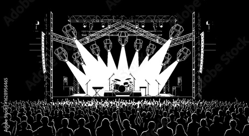 Energetic Concert Crowd Under Dramatic Stage Lighting with Drum Kit.