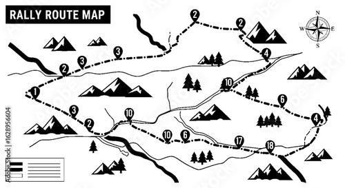 Rally Route Map Illustration with Mountains Compass and Route.