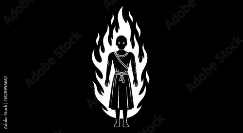 Silhouette of Person in Flames Black and White Illustration.
