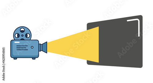 Cartoon Film Projector with Yellow Light Beam and Dark Screen on White Background.