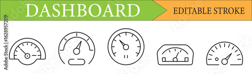 Dashboard Gauge and Speedometer Line Icon Set with Editable Stroke