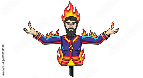 Man engulfed in flames holding fire in outstretched hands.