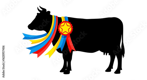Silhouette of AwardWinning Cow with Colorful Ribbons and Star Medallion.