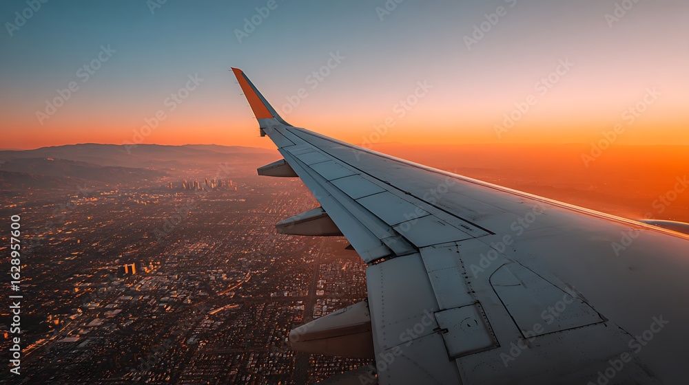 Obraz premium Airplane Wing View at Sunset Above City, Flying at Dusk