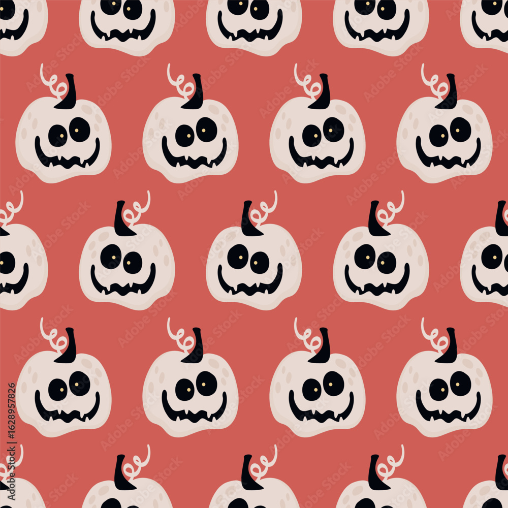 Fototapeta premium Halloween spooky white pumpkins seamless pattern on red background