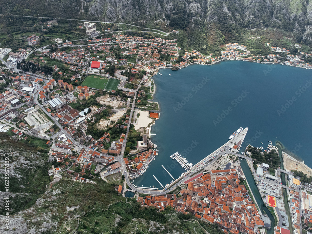 Obraz premium Drone view of Kotor Bay and the coastal town of Kotor, Montenegro