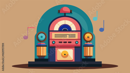 A record player designed to look like a miniature jukebox complete with flashing lights and rotating vinyl records featured in a themed exhibit on Vector illustration