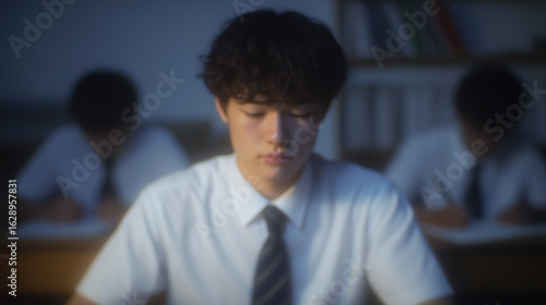 テストを受ける男子学生　不安そうな表情で答案に向かう姿